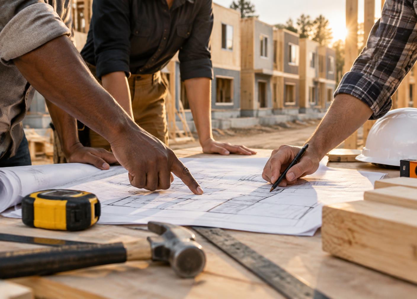 Hands reviewing building plans at a housing construction site