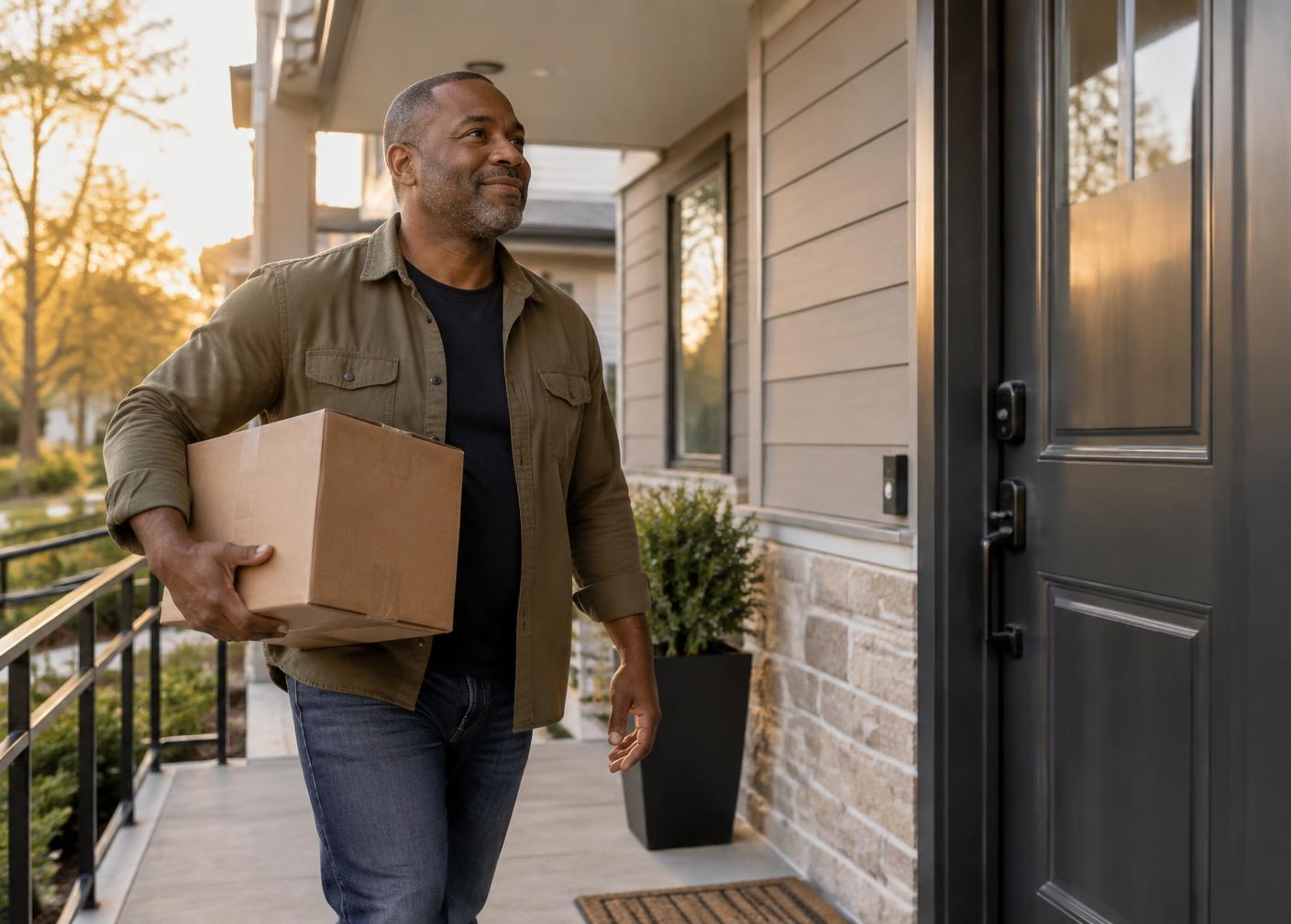 A veteran arriving at the front door of a home